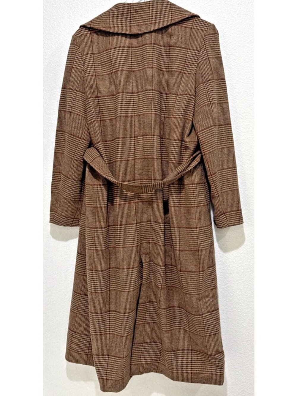 Banana Republic Tan Tie Waist Plaid Wool Blend Long Trench Coat Womens Size S - Picture 9 of 11